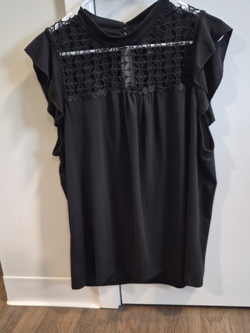Massini Black Lace Yoke Flutter Sleeve Top